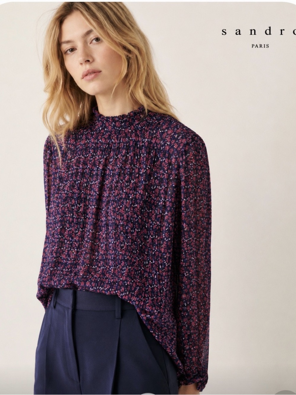 Sandro Purple & Pink Floral High-Neck Long Sleeve Top